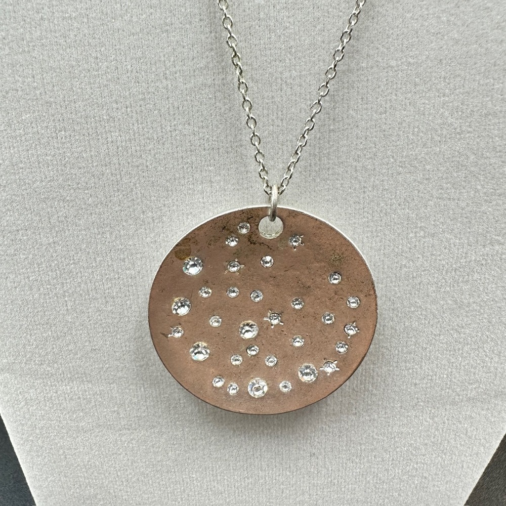 Cookie Lee Silver Disc Pendant Necklace Rhinestone Galaxy Design Minimal Sparkle